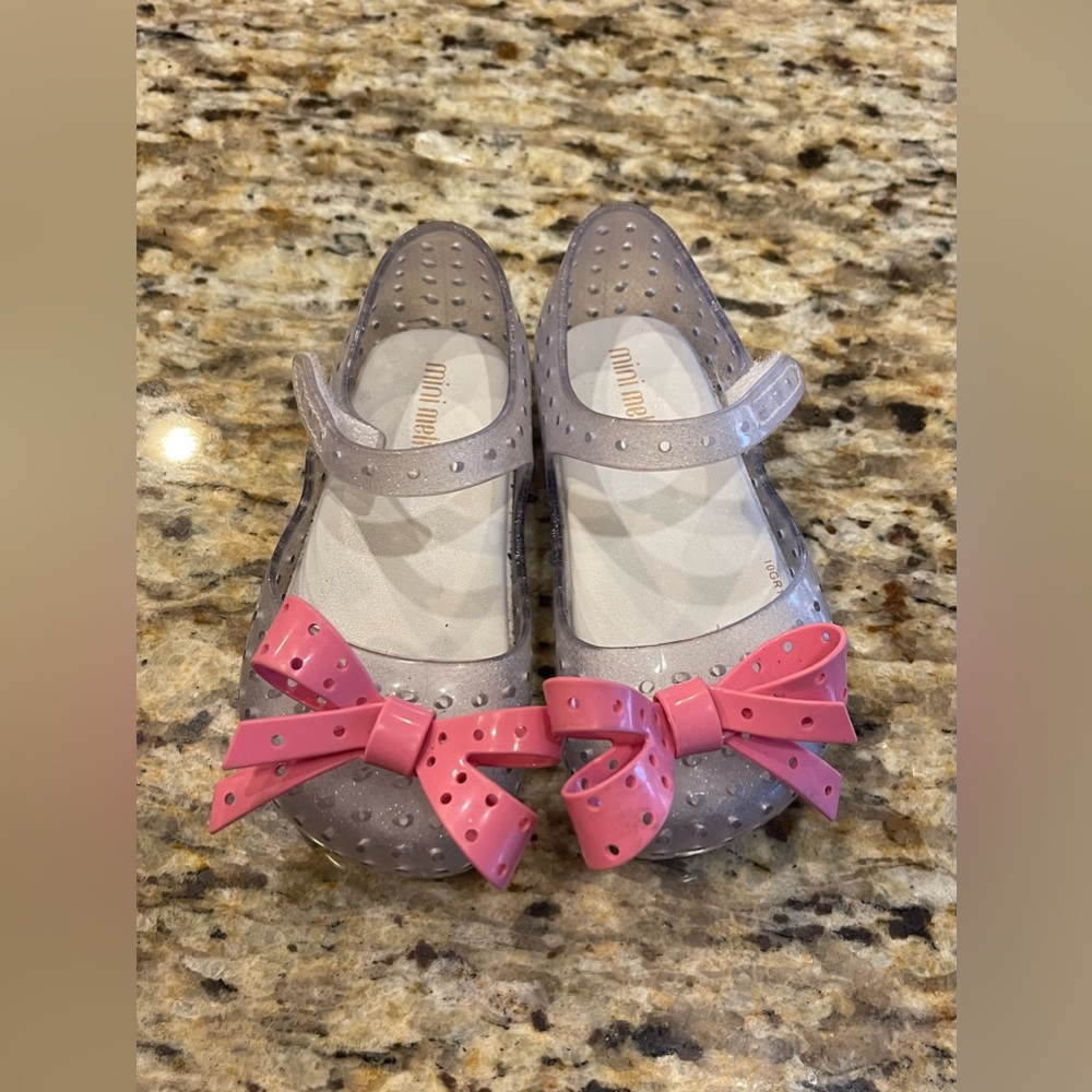 Mini Melissa Toddler Girl Clear Glitter Bow Perforated Mary Janes Size 7 EUC